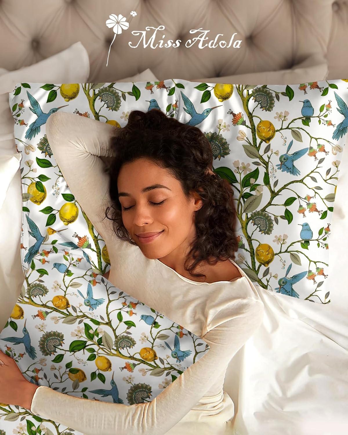 Silk Pillow Cases 2 Pack - Standard Size 20 x 26 Inch Silky Pillowcases for Hair and Skin Soft Cooling Smooth Aesthetic Bed Sleeping Pillow Cover with Zipper for Women, Lemon Bird