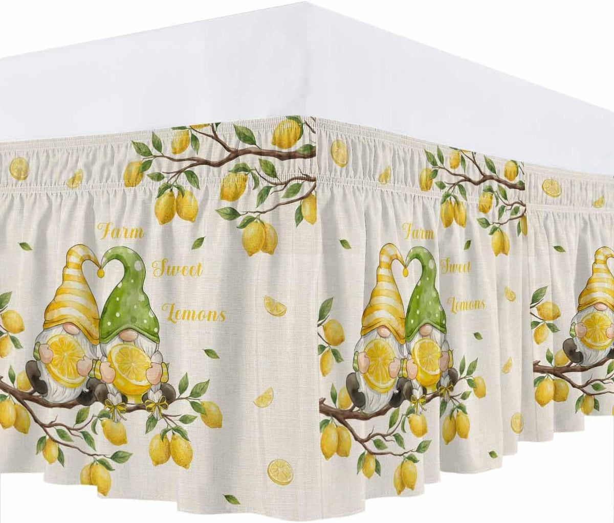 Farmhouse Bed Skirt Queen Size 16" Drop Summer Yellow Green Lemon Gnomes Branches Linen Ruffled Wrap Around Bed Skirts Adjustable Elastic Bedskirt Dust Ruffle for Queen King California King Bed