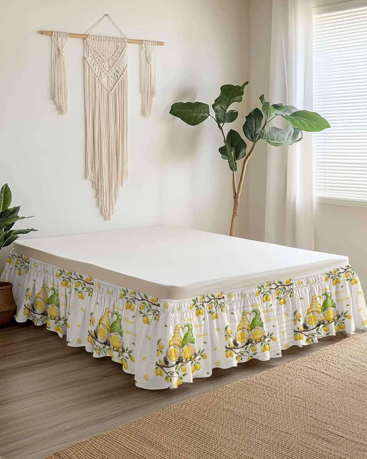 Farmhouse Bed Skirt Queen Size 16" Drop Summer Yellow Green Lemon Gnomes Branches Linen Ruffled Wrap Around Bed Skirts Adjustable Elastic Bedskirt Dust Ruffle for Queen King California King Bed