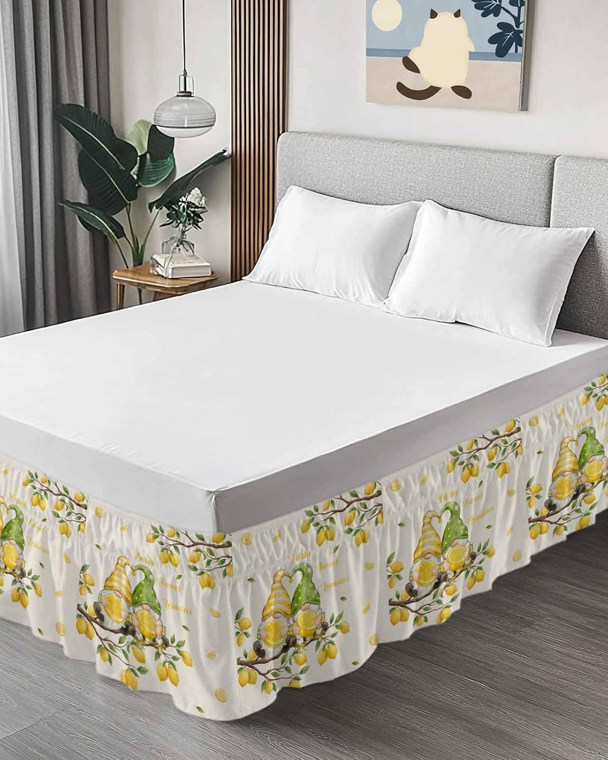 Farmhouse Bed Skirt Queen Size 16" Drop Summer Yellow Green Lemon Gnomes Branches Linen Ruffled Wrap Around Bed Skirts Adjustable Elastic Bedskirt Dust Ruffle for Queen King California King Bed