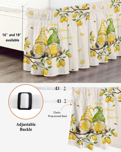 Farmhouse Bed Skirt Queen Size 16" Drop Summer Yellow Green Lemon Gnomes Branches Linen Ruffled Wrap Around Bed Skirts Adjustable Elastic Bedskirt Dust Ruffle for Queen King California King Bed