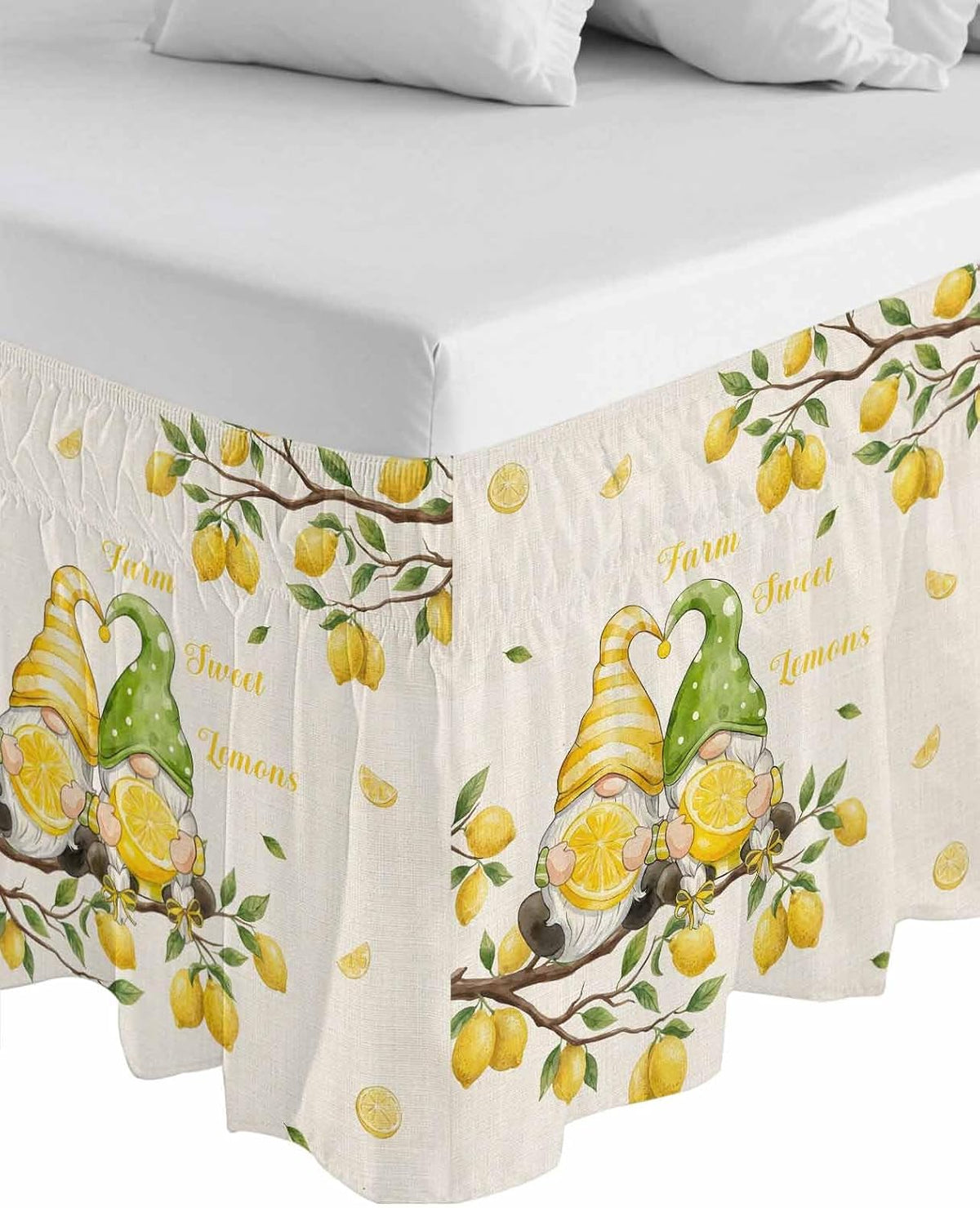 Farmhouse Bed Skirt Queen Size 16" Drop Summer Yellow Green Lemon Gnomes Branches Linen Ruffled Wrap Around Bed Skirts Adjustable Elastic Bedskirt Dust Ruffle for Queen King California King Bed