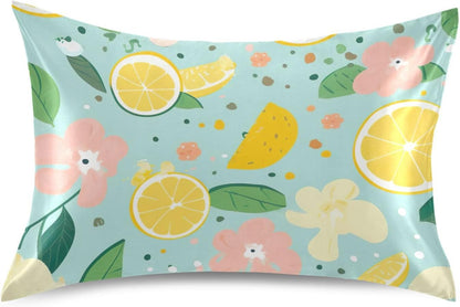 Yellow Lemon Floral Satin Pillowcase for Hair and Skin Body Bed Pillow Pillowcases Standard Size 20"X26" Super Soft Pillow Case with Envelope Closure for Women