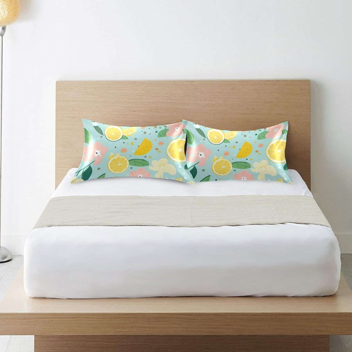 Yellow Lemon Floral Satin Pillowcase for Hair and Skin Body Bed Pillow Pillowcases Standard Size 20"X26" Super Soft Pillow Case with Envelope Closure for Women