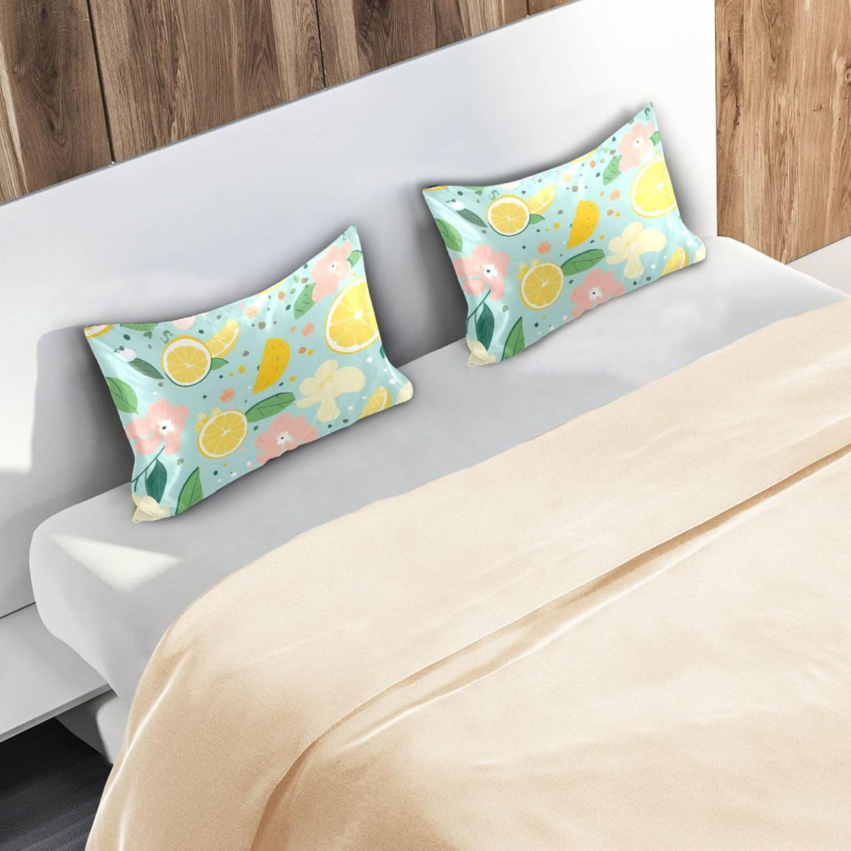 Yellow Lemon Floral Satin Pillowcase for Hair and Skin Body Bed Pillow Pillowcases Standard Size 20"X26" Super Soft Pillow Case with Envelope Closure for Women