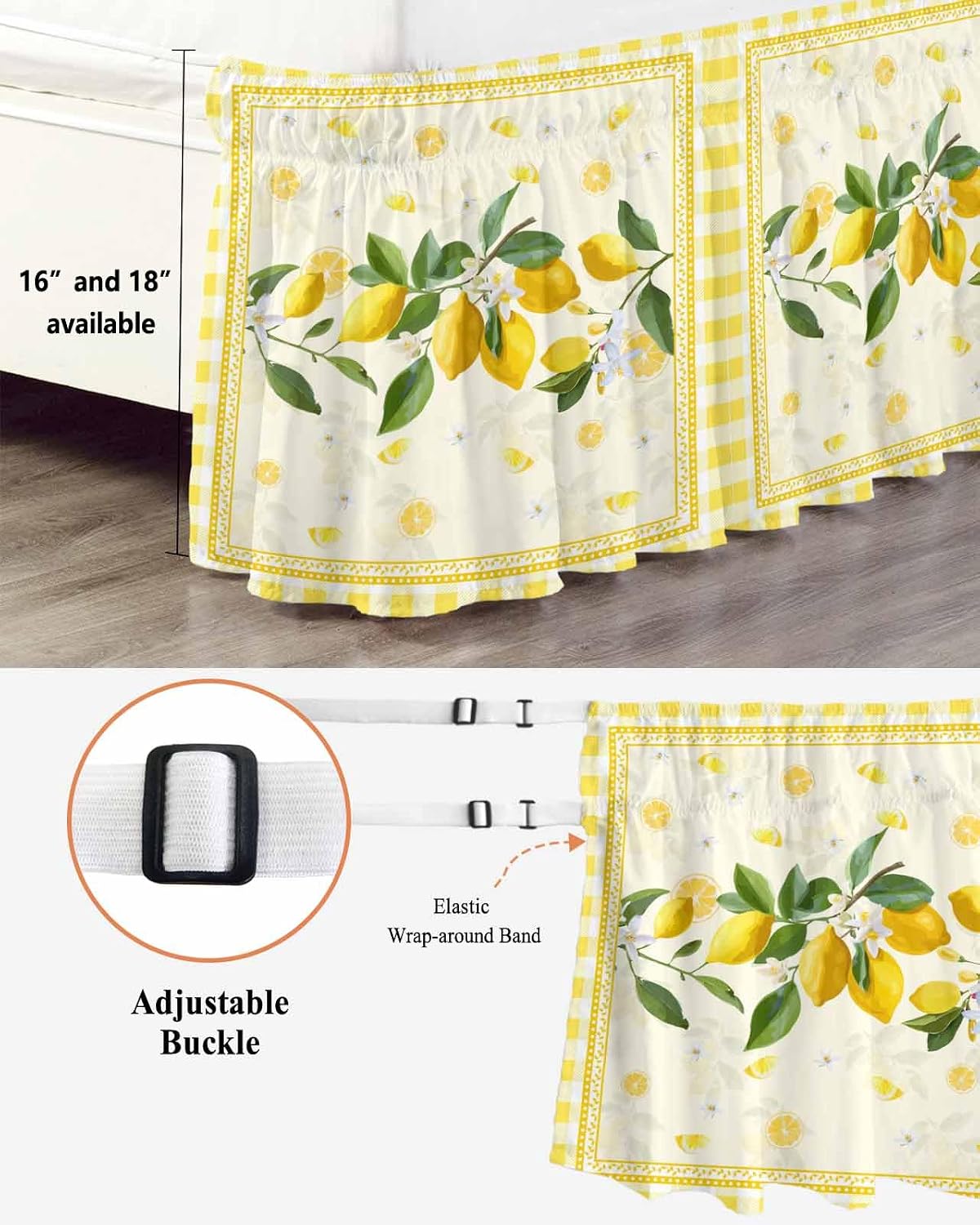 Yellow Lemons Wrap Around Bed Skirt Queen Size, Dust Ruffled 16 Inch Tailored Drop with Adjustable Elastic Belt Pleated, Summer Botanical Checkered Farmhouse Luxury Bedding Skirts for Bedroom