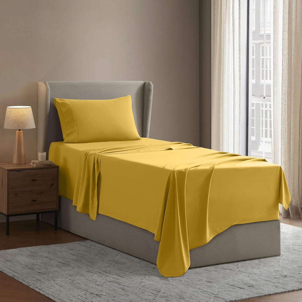 Twin XL Bed Sheet Set - Yellow - Instantly Soft Microfiber, No Break-in Wash - 4-Piece Deep Pocket Sheets & Pillowcases, Stays Put All Night