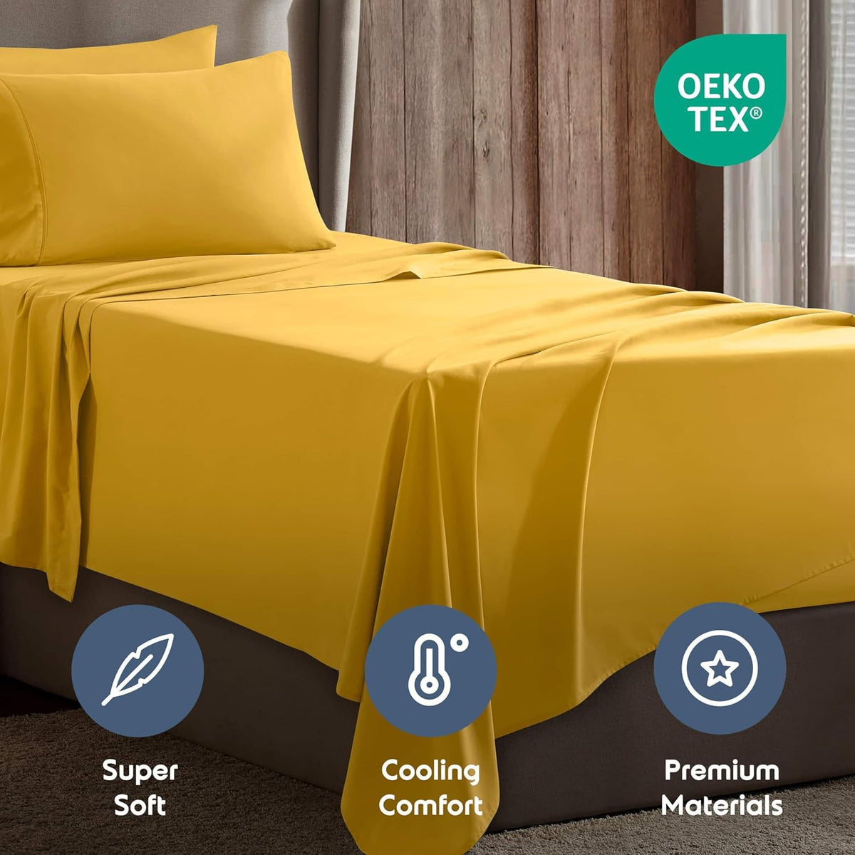 Twin XL Bed Sheet Set - Yellow - Instantly Soft Microfiber, No Break-in Wash - 4-Piece Deep Pocket Sheets & Pillowcases, Stays Put All Night