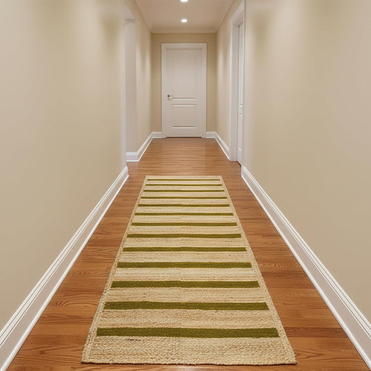 Runner Jute Rug 2.6x8 Hand Woven Jute Braided Yellow Striped Pattern Rug Thick 0.27" Ideal for Runner Areas Rugs for Hallway, Kitchen, Entryways Laundry Boho Carpets Home Décor