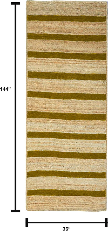 Runner Jute Rug 2.6x8 Hand Woven Jute Braided Yellow Striped Pattern Rug Thick 0.27" Ideal for Runner Areas Rugs for Hallway, Kitchen, Entryways Laundry Boho Carpets Home Décor