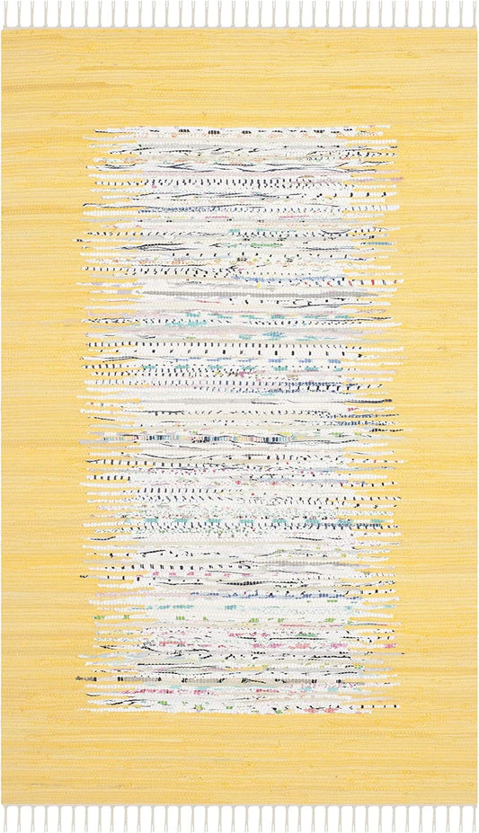 Montauk Collection Accent Rug - 3' x 5', Ivory & Yellow, Handmade Stripe Fringe Cotton, Ideal for High Traffic Areas in Entryway, Living Room, Bedroom (MTK711Q)