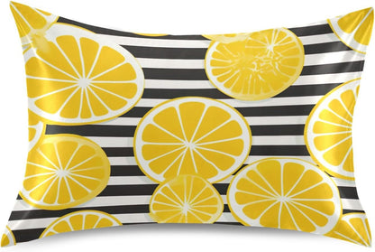 Yellow Lemon Striped Satin Pillowcase for Hair and Skin Body Bed Pillow Cases Standard Size 20"X26" Pillowcase Pillow Covers with Envelope Closure for Women Men