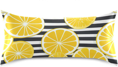Yellow Lemon Striped Satin Pillowcase for Hair and Skin Body Bed Pillow Cases Standard Size 20"X26" Pillowcase Pillow Covers with Envelope Closure for Women Men
