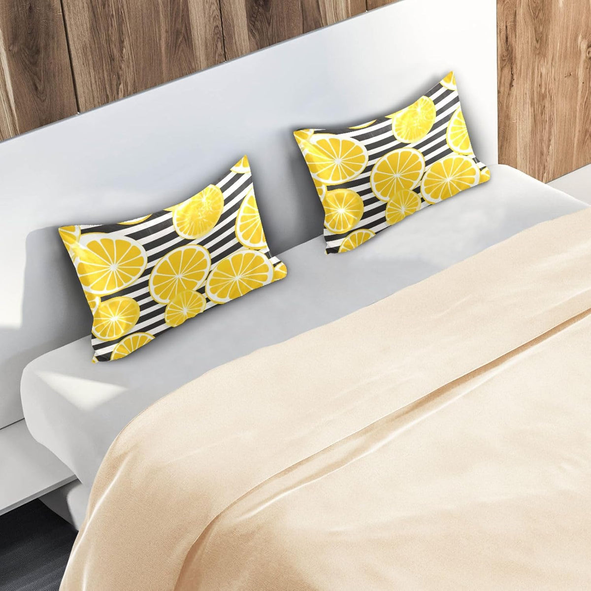 Yellow Lemon Striped Satin Pillowcase for Hair and Skin Body Bed Pillow Cases Standard Size 20"X26" Pillowcase Pillow Covers with Envelope Closure for Women Men
