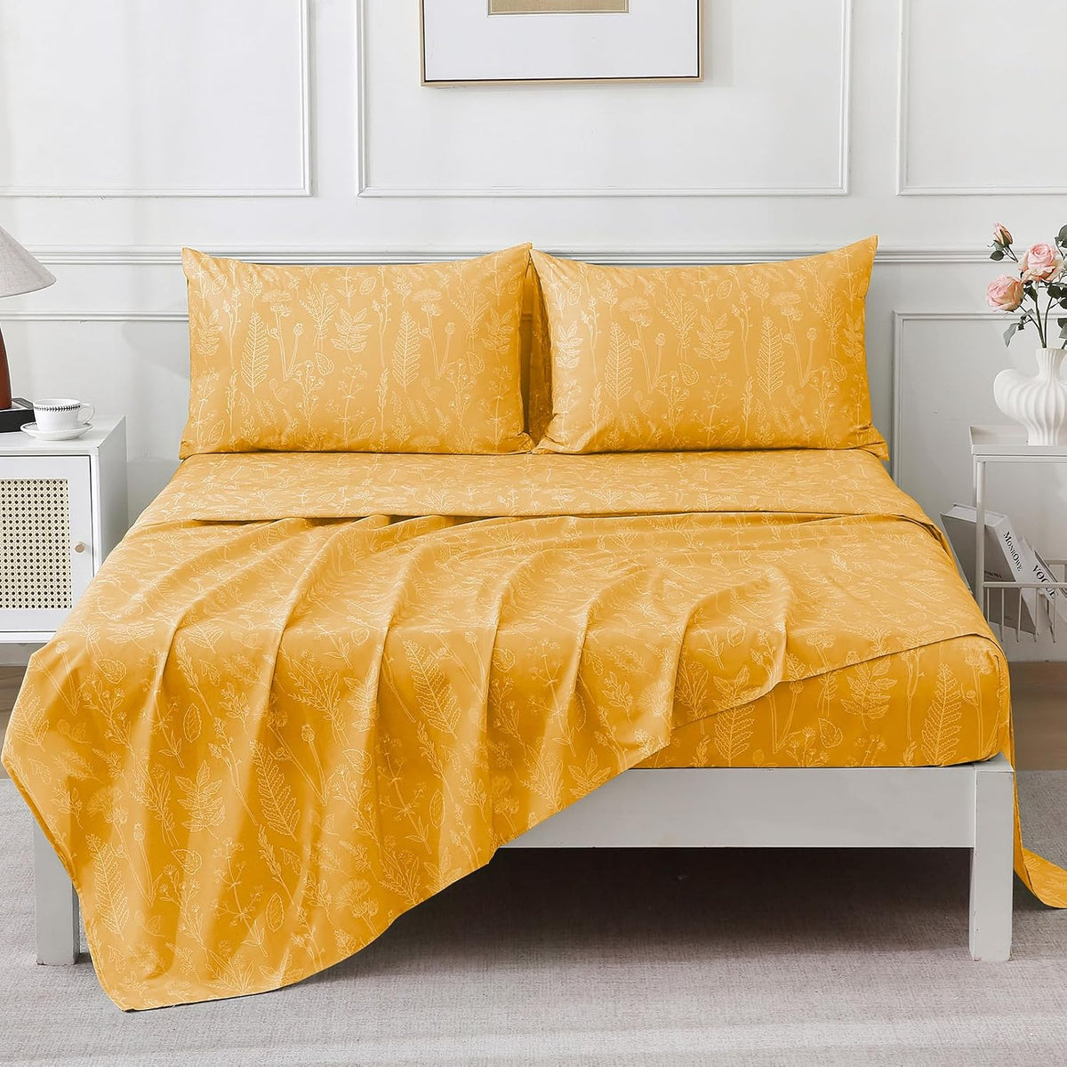 100% Natural Cotton Percale Sheets Set,Queen Size 4 PC, Breathable&Durable Hotel Quality Bedding, 16" Deep Pocket Botanical Floral Bedsheets,Yellow