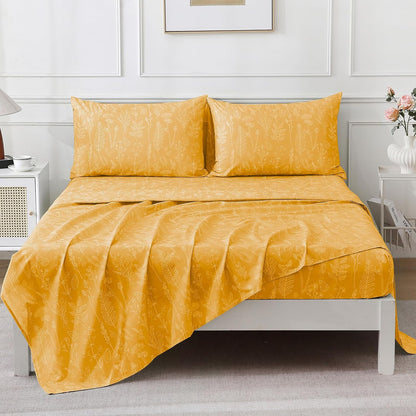100% Natural Cotton Percale Sheets Set,Queen Size 4 PC, Breathable&Durable Hotel Quality Bedding, 16" Deep Pocket Botanical Floral Bedsheets,Yellow