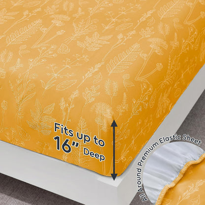 100% Natural Cotton Percale Sheets Set,Queen Size 4 PC, Breathable&Durable Hotel Quality Bedding, 16" Deep Pocket Botanical Floral Bedsheets,Yellow