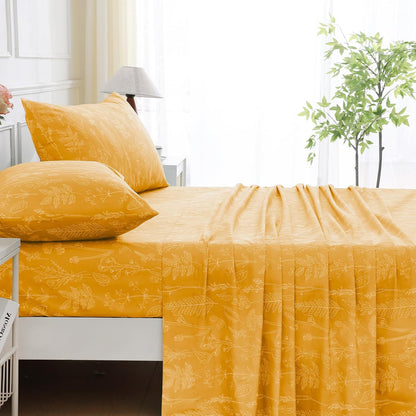 100% Natural Cotton Percale Sheets Set,Queen Size 4 PC, Breathable&Durable Hotel Quality Bedding, 16" Deep Pocket Botanical Floral Bedsheets,Yellow