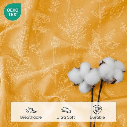 100% Natural Cotton Percale Sheets Set,Queen Size 4 PC, Breathable&Durable Hotel Quality Bedding, 16" Deep Pocket Botanical Floral Bedsheets,Yellow