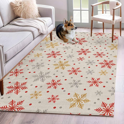 2.7x5 Area Rugs, Winter Snowflakes Non Slip Area Rugs for Living Room, Bedroom, Barhroom, Entryway, Red Yellow Christmas Snowflakes Beige Soft Kitchen Bath Mats Washable Carpet