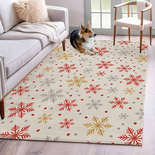 2.7x5 Area Rugs, Winter Snowflakes Non Slip Area Rugs for Living Room, Bedroom, Barhroom, Entryway, Red Yellow Christmas Snowflakes Beige Soft Kitchen Bath Mats Washable Carpet