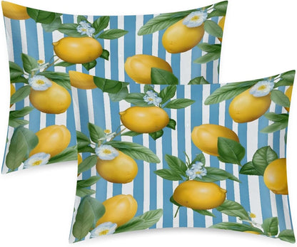 Yellow Lemon Blue Stripes Pattern Satin Pillowcase for Hair and Skin, Pillow Case Standard 2 Pack, Like Silk Pillowcases with Zipper, 20x26 in, Gifts for Women Men