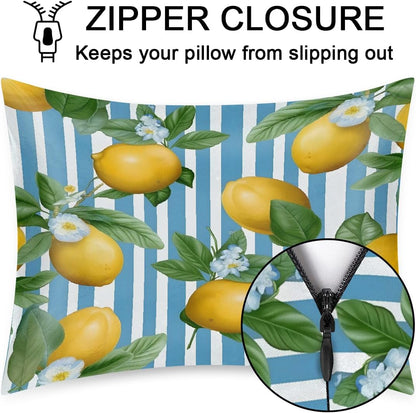 Yellow Lemon Blue Stripes Pattern Satin Pillowcase for Hair and Skin, Pillow Case Standard 2 Pack, Like Silk Pillowcases with Zipper, 20x26 in, Gifts for Women Men
