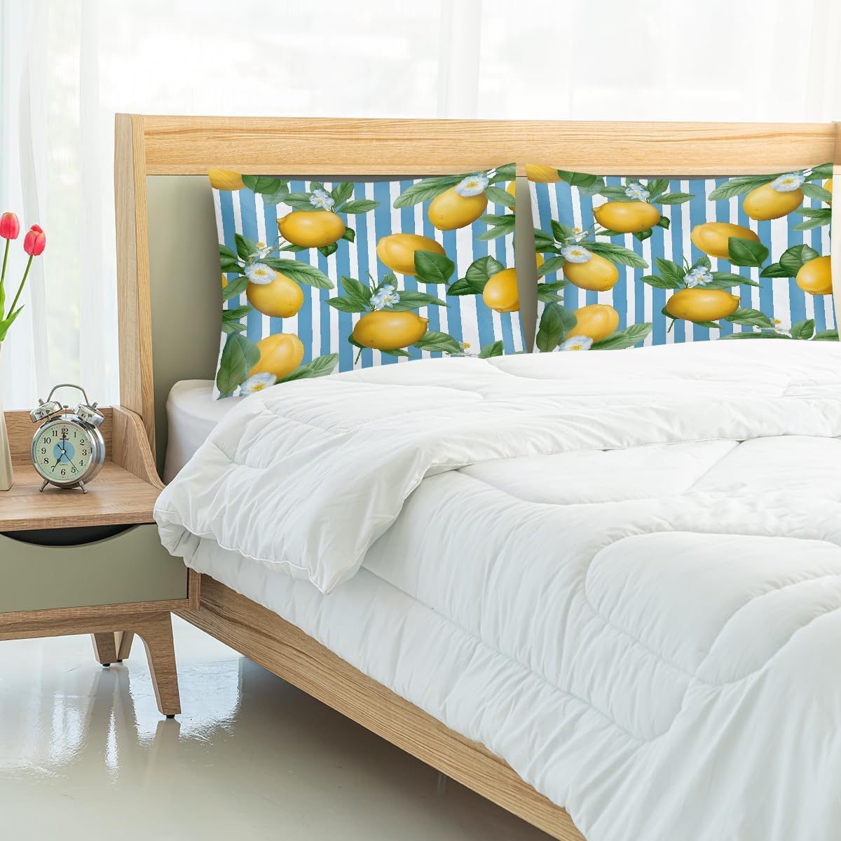 Yellow Lemon Blue Stripes Pattern Satin Pillowcase for Hair and Skin, Pillow Case Standard 2 Pack, Like Silk Pillowcases with Zipper, 20x26 in, Gifts for Women Men