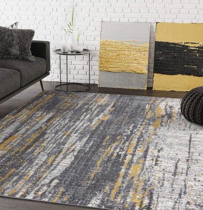 Rugs Grey & Yellow Painted Pattern Area Rug Bold Rugged Contemporary Modern Style Accent, Laguna Collection | Turkish Made Superior Comfort & Construction | Stain Shed Resistant (6' x 9')