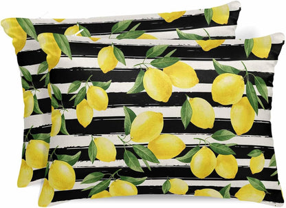 Satin Pillowcase for Hair and Skin Standard Size 2 Pack Yellow Lemon Satin Pillow Case Soft Cool Silk Summer Fruit Black Striped Pillowcases with Hidden Zipper Throw Pillow Covers 20x26 Inch