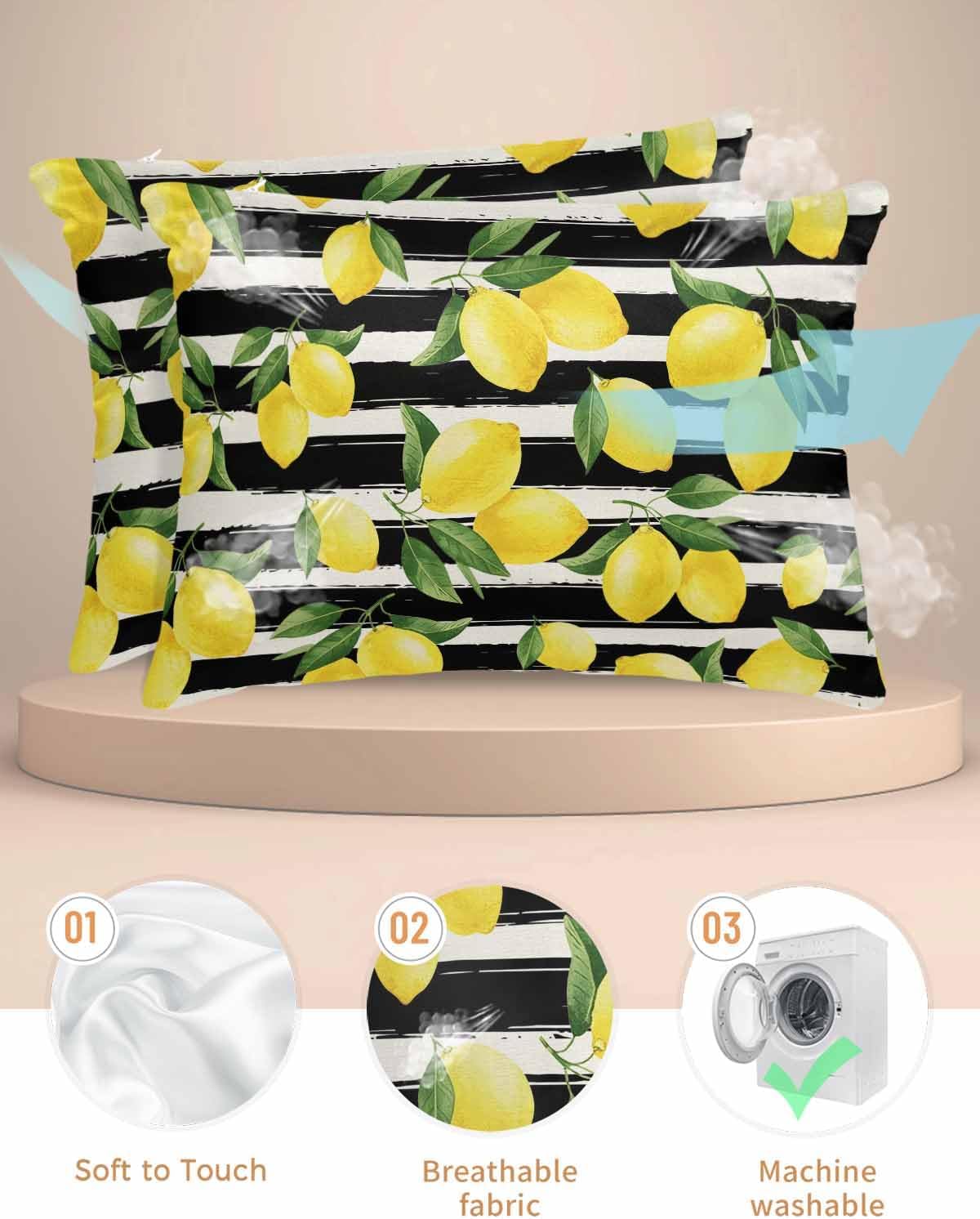 Satin Pillowcase for Hair and Skin Standard Size 2 Pack Yellow Lemon Satin Pillow Case Soft Cool Silk Summer Fruit Black Striped Pillowcases with Hidden Zipper Throw Pillow Covers 20x26 Inch