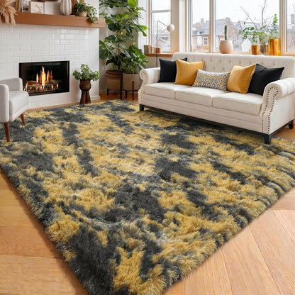 Black Gold Grey Fuzzy Area Rug 4x6 for Bedroom Living Room Dorm