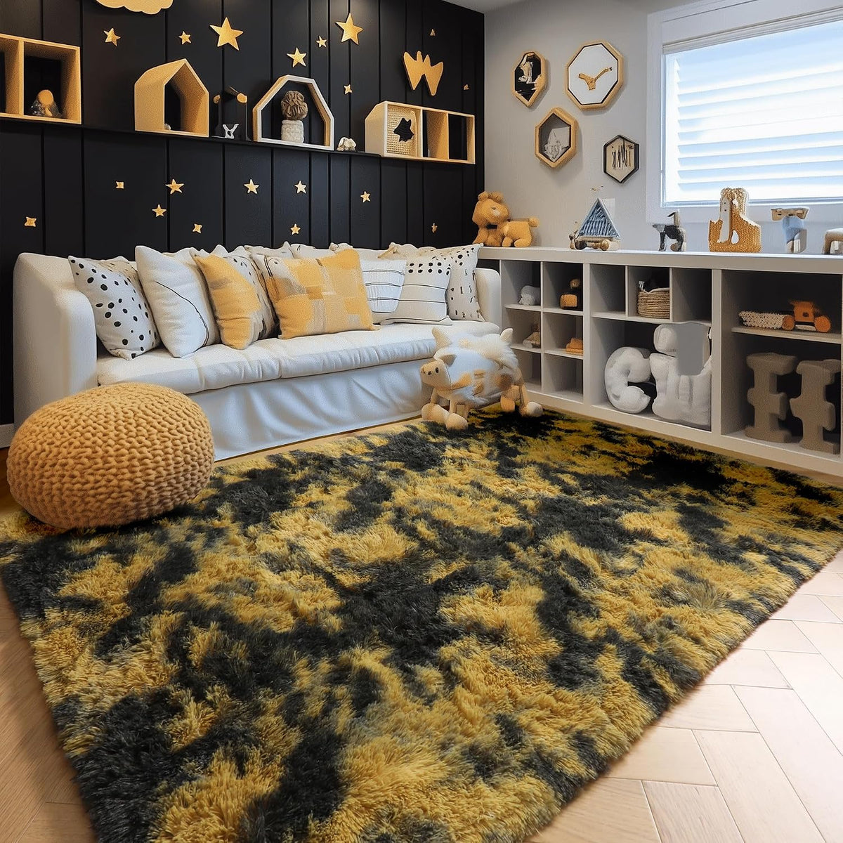 Black Gold Grey Fuzzy Area Rug 4x6 for Bedroom Living Room Dorm