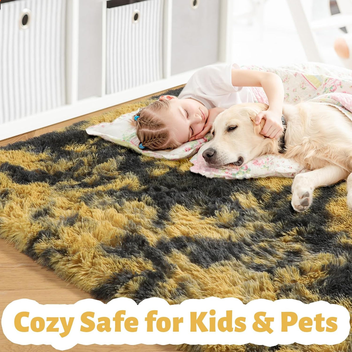 Black Gold Grey Fuzzy Area Rug 4x6 for Bedroom Living Room Dorm