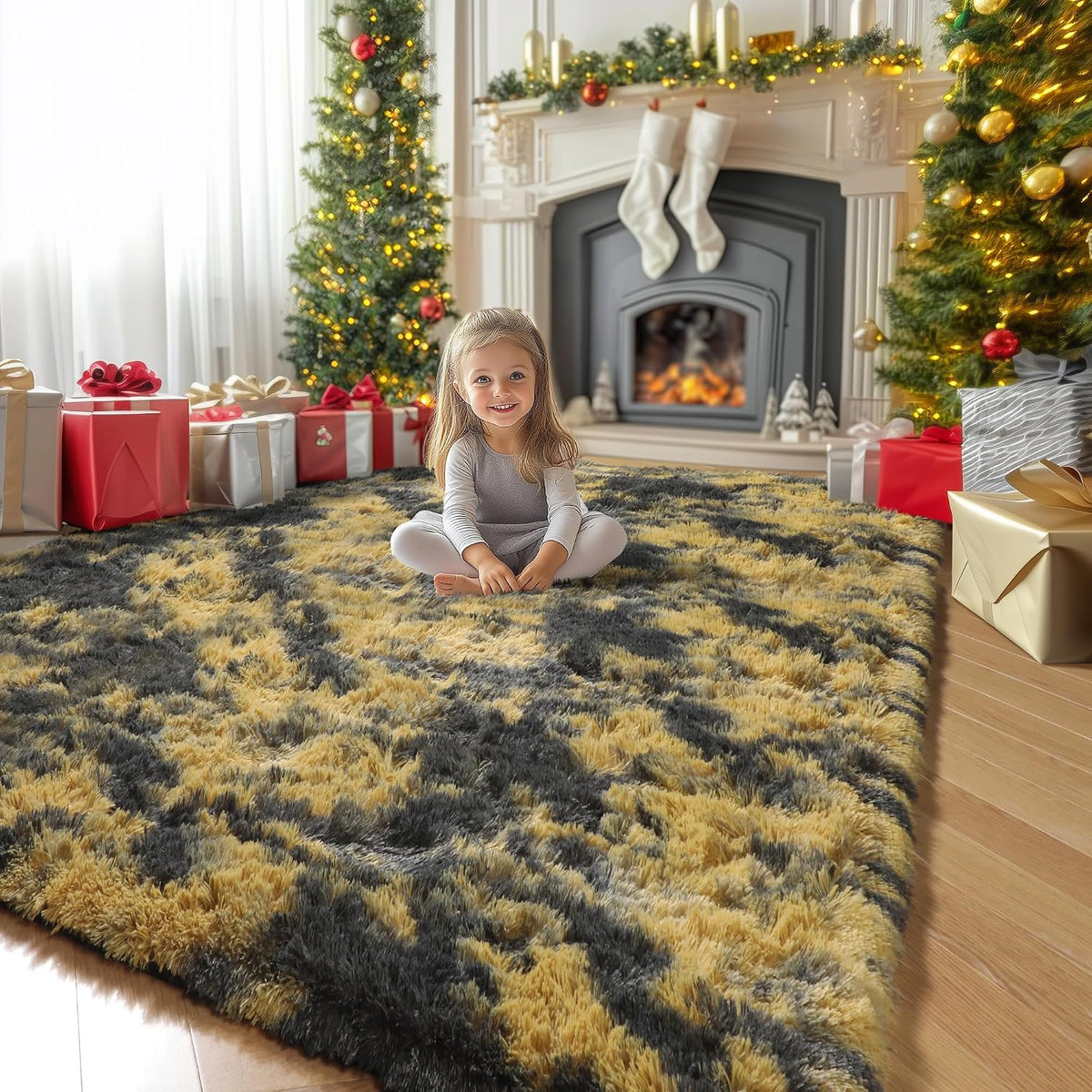 Black Gold Grey Fuzzy Area Rug 4x6 for Bedroom Living Room Dorm