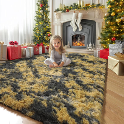 Black Gold Grey Fuzzy Area Rug 4x6 for Bedroom Living Room Dorm