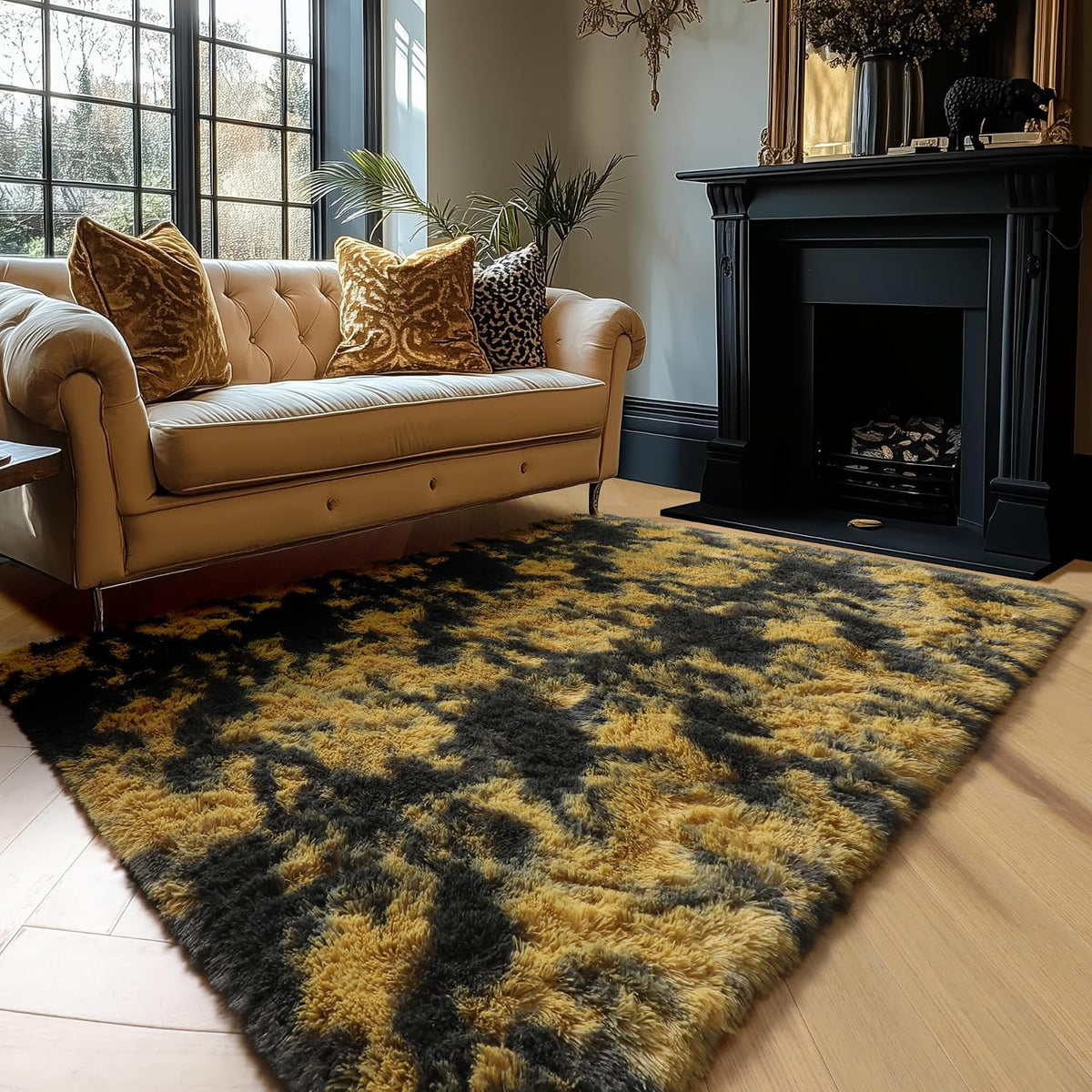 Black Gold Grey Fuzzy Area Rug 4x6 for Bedroom Living Room Dorm