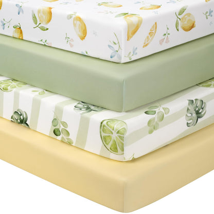 Baby Crib Sheets for Boys Girls, Toddler Bed Sheets Fitted for 52"x28" Standard Crib and Toddler Mattresses, 4 Pack Soft Breathable Stretchy Microfiber Yellow Green Lemon