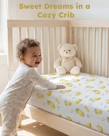 Baby Crib Sheets for Boys Girls, Toddler Bed Sheets Fitted for 52"x28" Standard Crib and Toddler Mattresses, 4 Pack Soft Breathable Stretchy Microfiber Yellow Green Lemon