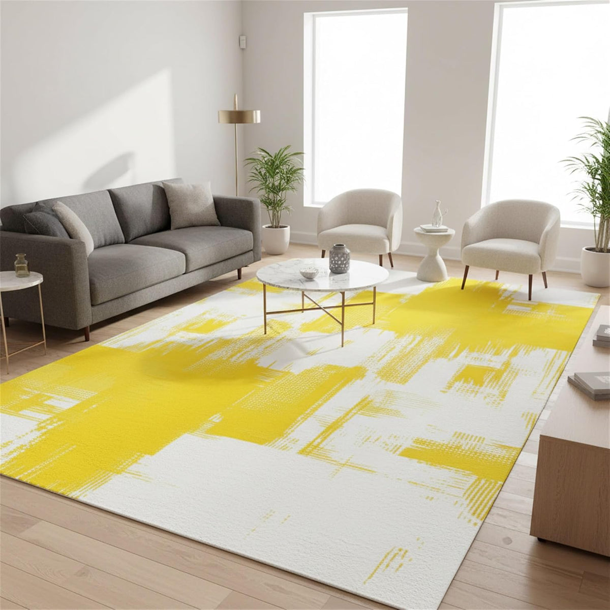 Minimalist Abstract Art Texture Area Rug 5x7 Modern Bright Yellow White Indoor Rugs for Livingroom Bedroom Dining Room Soft Washable Non Slip Low Pile Carpet Under Table Nursery Farmhouse Mats Decor