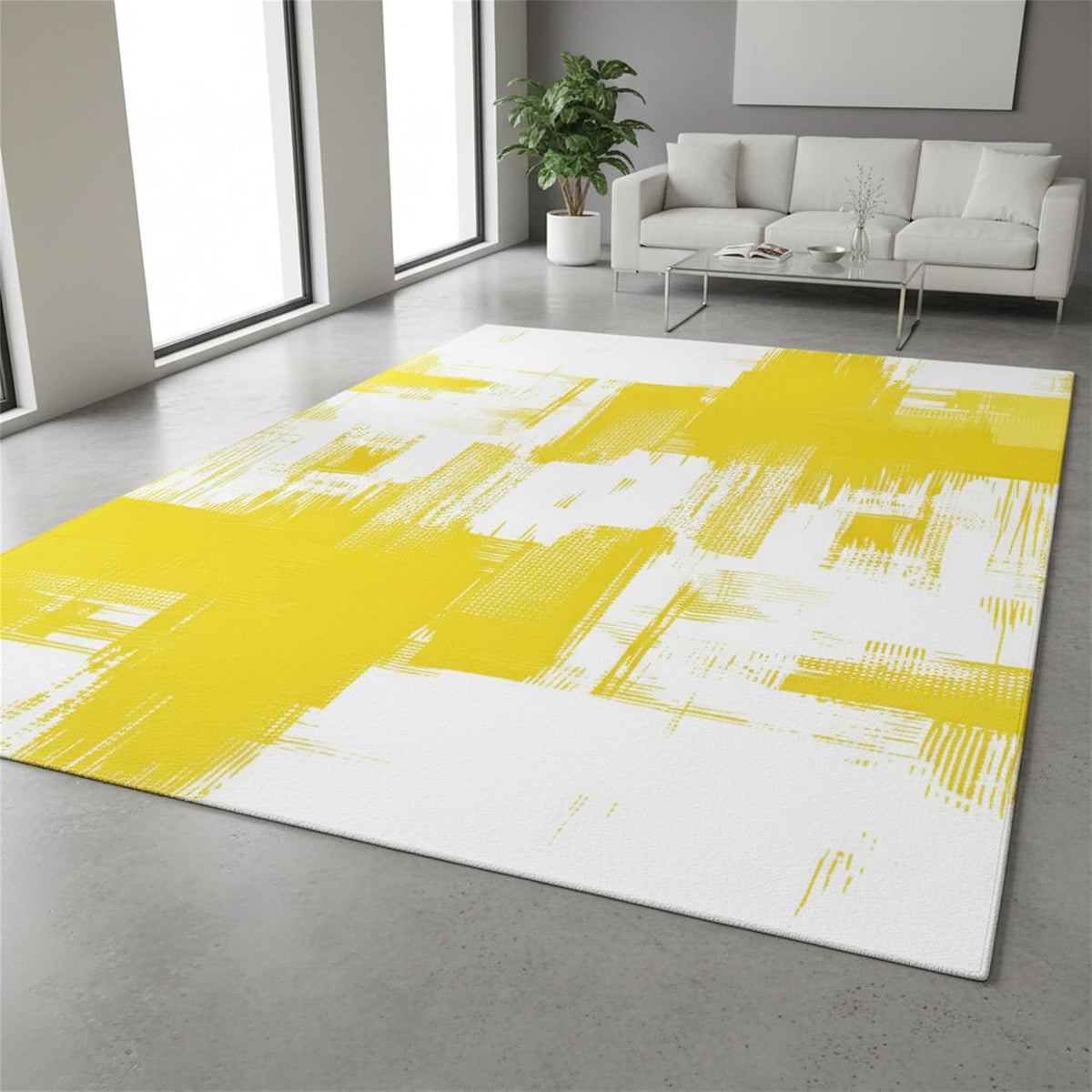 Minimalist Abstract Art Texture Area Rug 5x7 Modern Bright Yellow White Indoor Rugs for Livingroom Bedroom Dining Room Soft Washable Non Slip Low Pile Carpet Under Table Nursery Farmhouse Mats Decor