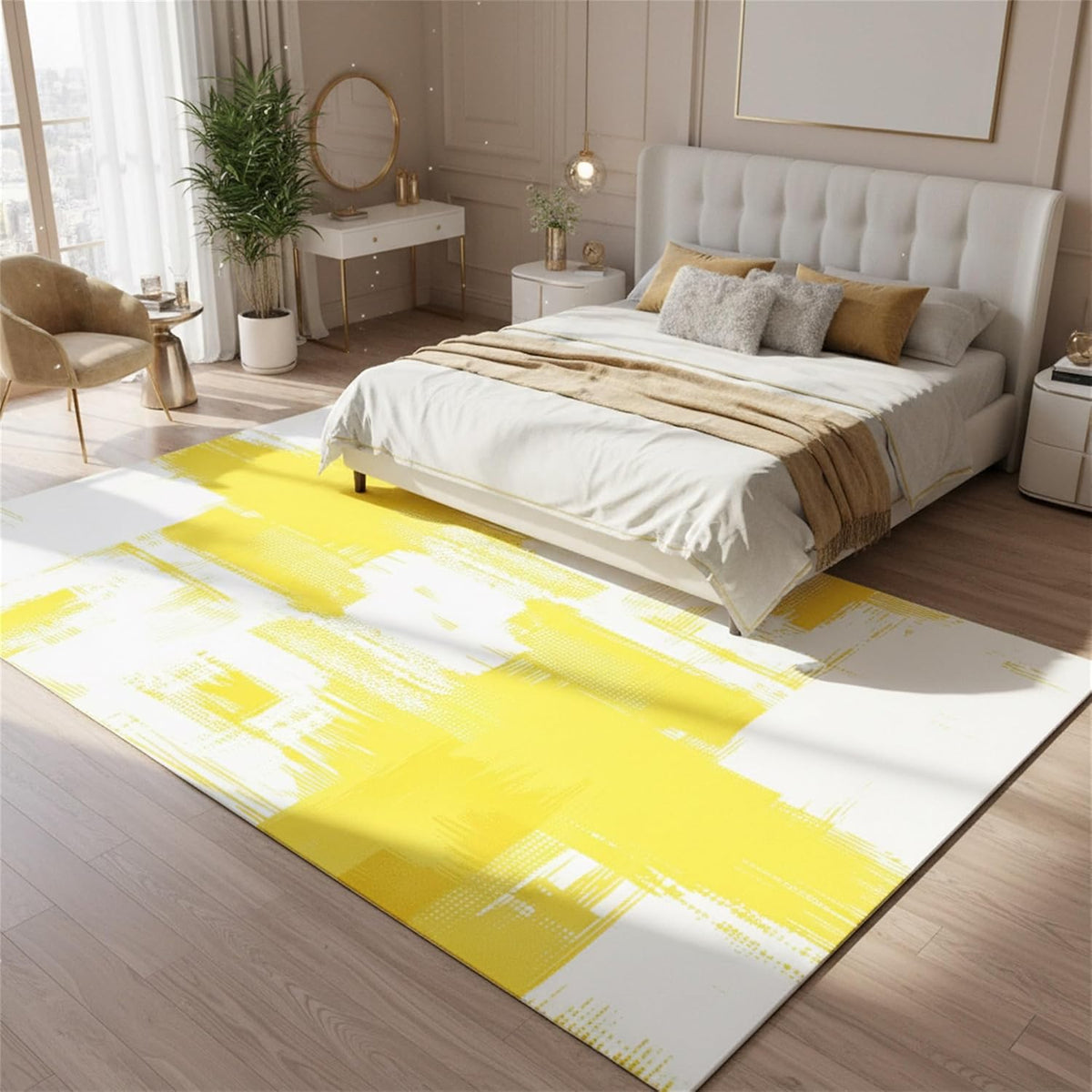 Minimalist Abstract Art Texture Area Rug 5x7 Modern Bright Yellow White Indoor Rugs for Livingroom Bedroom Dining Room Soft Washable Non Slip Low Pile Carpet Under Table Nursery Farmhouse Mats Decor