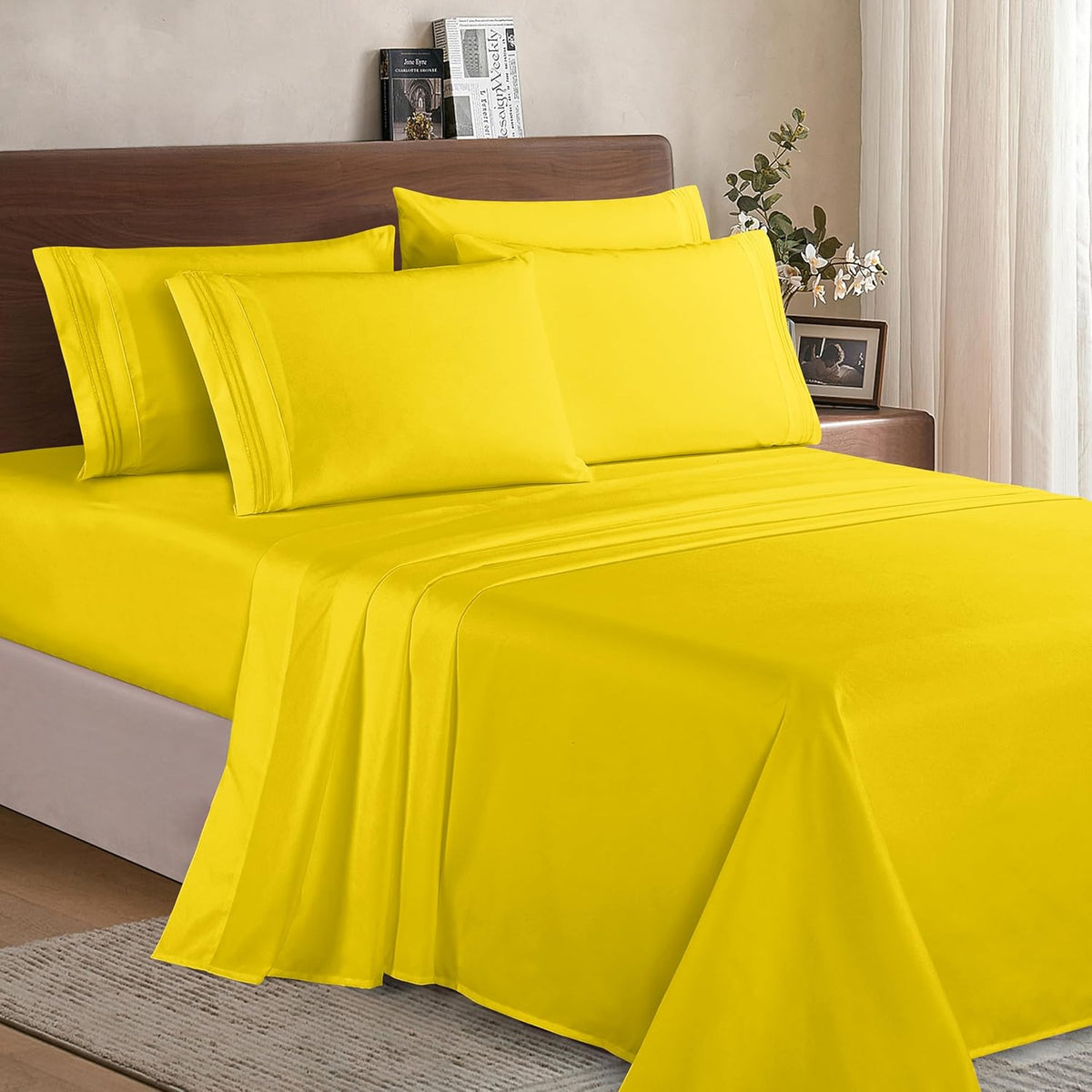 Luxury Soft 1500 Premium Hotel Quality Microfiber Wrinkle and Fade Resistant Cozy 6-Piece Bedding Set, Easy All Around Elastic Fitted Sheet, Deep Pocket, California King, Yellow