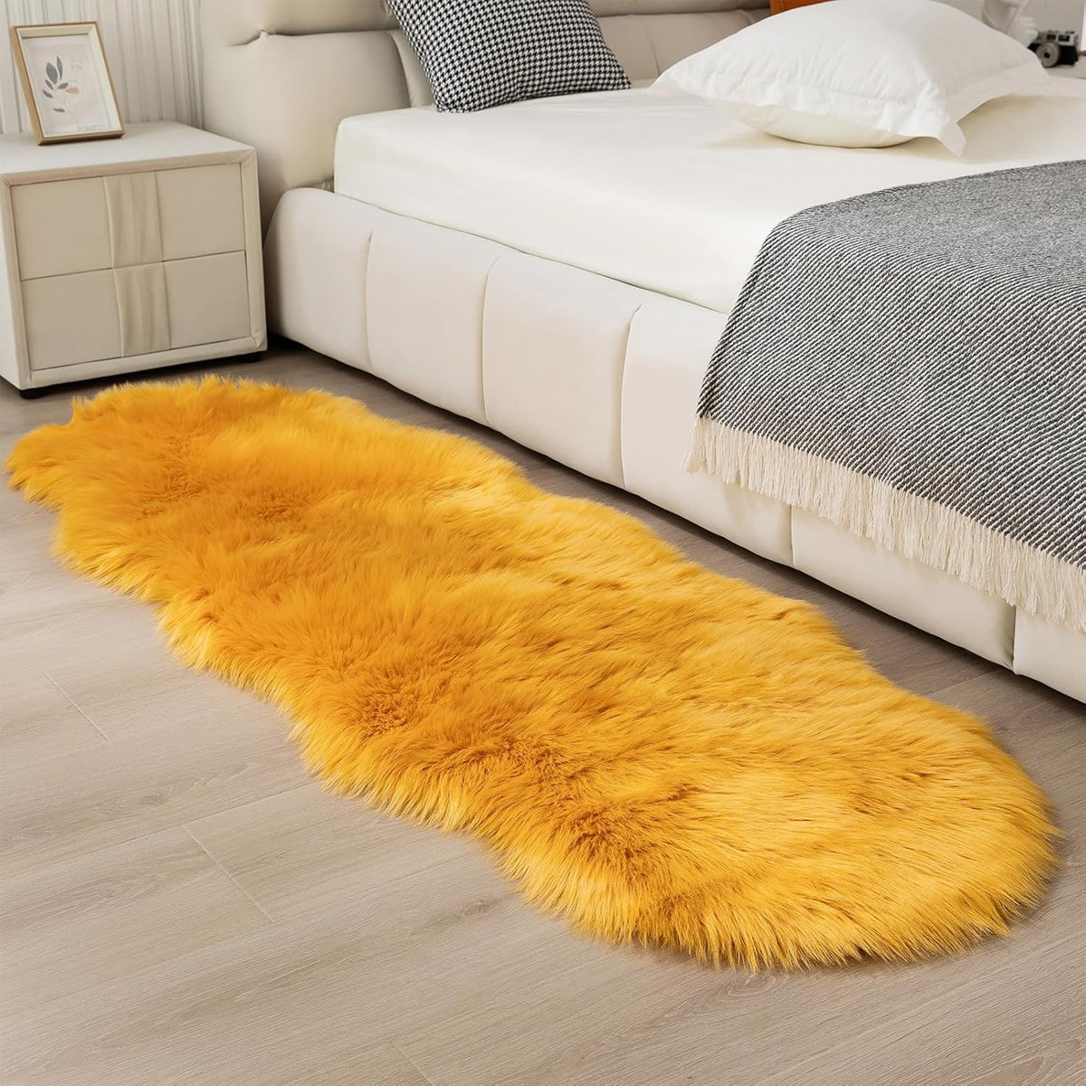 Faux Fur Sheepskin Runner Rug Yellow 2x6 ft Ultra Soft Shaggy Plush Fluffy Fuzzy Area Carpet Decorative Chair Cover Floor Mat for Bedroom Sofa Living Room Bedside
