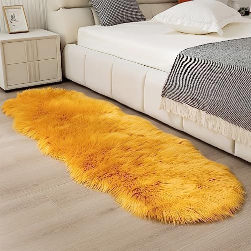 Faux Fur Sheepskin Runner Rug Yellow 2x6 ft Ultra Soft Shaggy Plush Fluffy Fuzzy Area Carpet Decorative Chair Cover Floor Mat for Bedroom Sofa Living Room Bedside