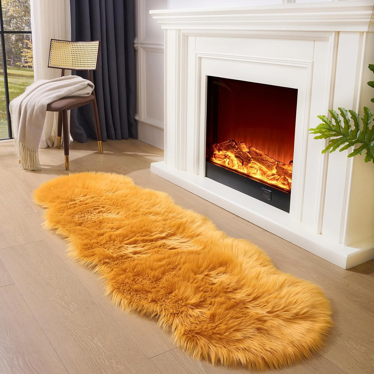 Faux Fur Sheepskin Runner Rug Yellow 2x6 ft Ultra Soft Shaggy Plush Fluffy Fuzzy Area Carpet Decorative Chair Cover Floor Mat for Bedroom Sofa Living Room Bedside