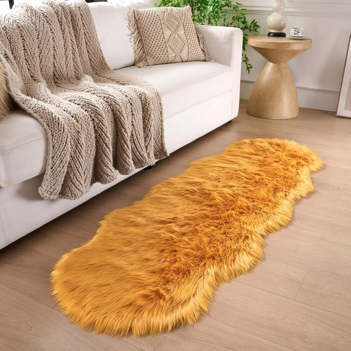 Faux Fur Sheepskin Runner Rug Yellow 2x6 ft Ultra Soft Shaggy Plush Fluffy Fuzzy Area Carpet Decorative Chair Cover Floor Mat for Bedroom Sofa Living Room Bedside