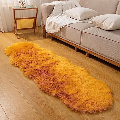 Faux Fur Sheepskin Runner Rug Yellow 2x6 ft Ultra Soft Shaggy Plush Fluffy Fuzzy Area Carpet Decorative Chair Cover Floor Mat for Bedroom Sofa Living Room Bedside
