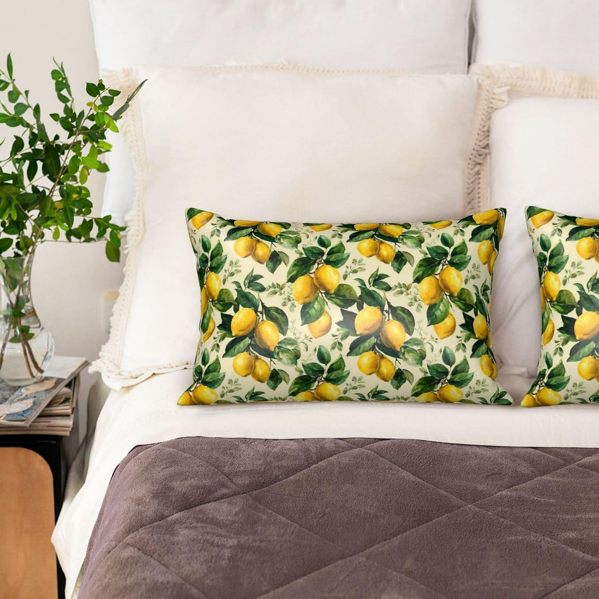 Yellow Lemon Leaves for Satin Pillowcase 20x30in, Hair Friendly Zippered Pillow Cover