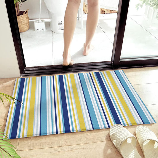Blue Yellow Striped Bathroom Rugs Bath Mat,Non-Slip Absorbent Soft Bathroom Rugs, Farmhouse Navy Blue Ombre Stripes Washable Doormat for Bathtub Sink Shower Floor Mat 20x32Inch